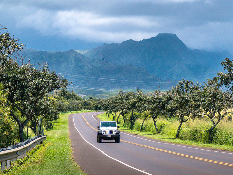 Jeep renter driving the roads of Kauai
